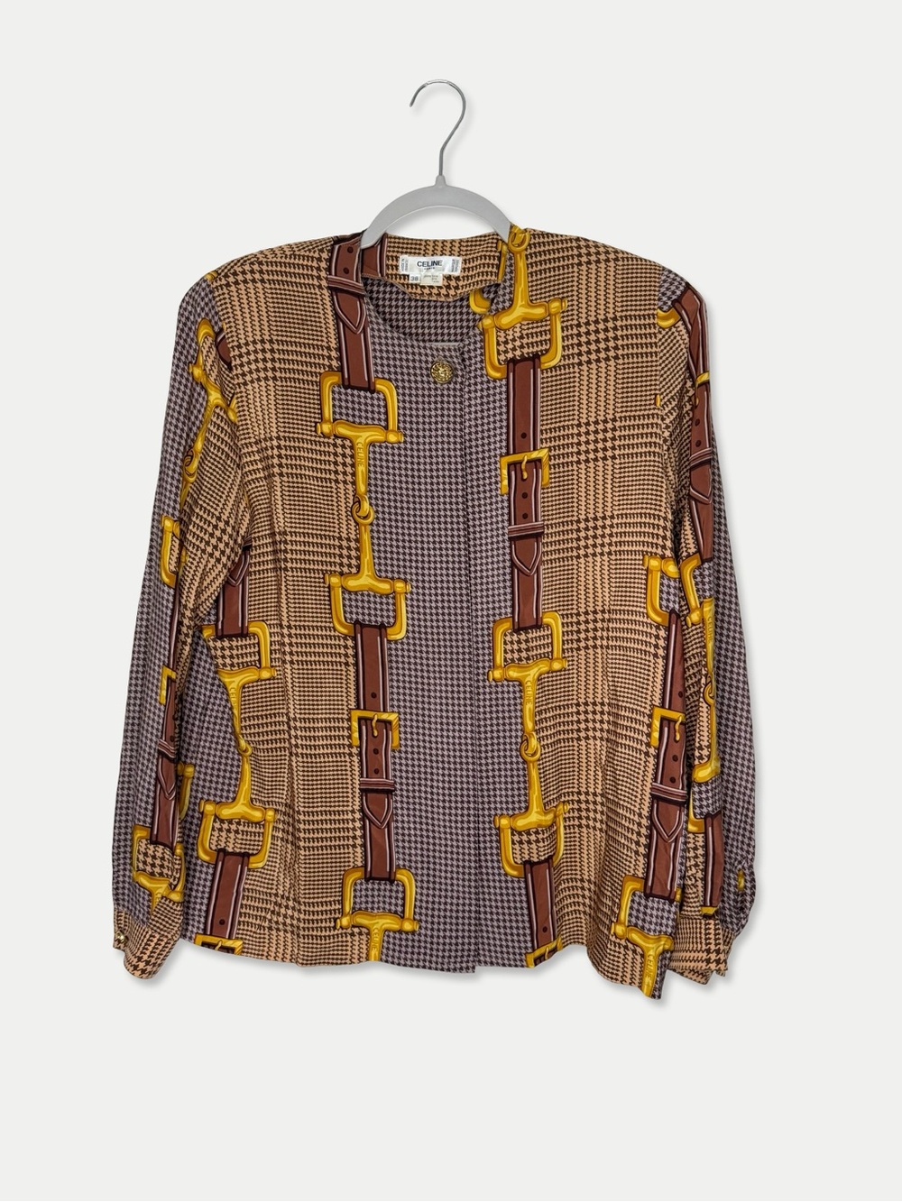 RARE Vintage CELINE Paris Silk Horsebit Equestrian Houndstooth Blouse FR 38